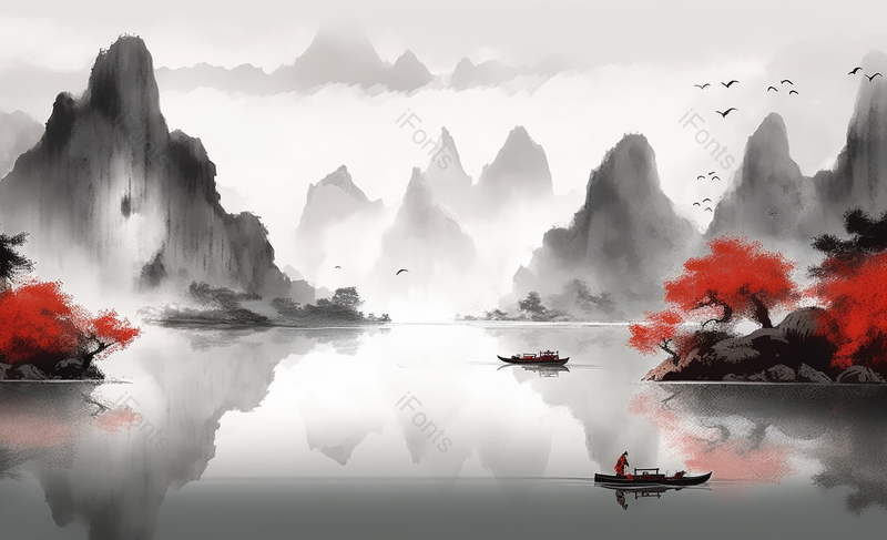 中国风山水河流意境水墨画背景,插画/手绘图,插画/手绘图库,插画/手绘图下载,插画/手绘